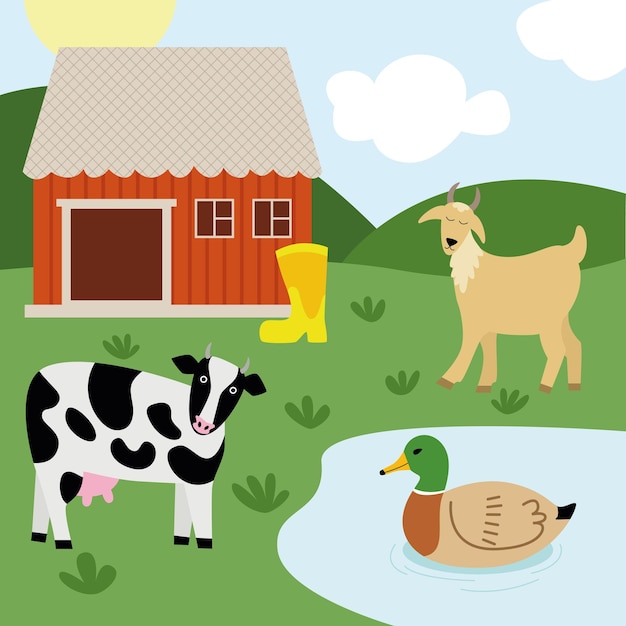 Rural landscape, farm and fields. A cow and a goat graze, a duck swims in the lake. Against the back