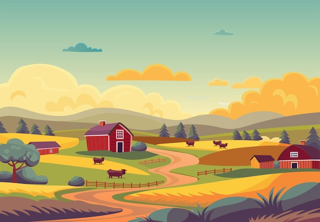 ベクトル 背景の田園風景イラスト農家と納屋の牛がフィールドを介して放牧ベクトル イラスト漫画のスタイル