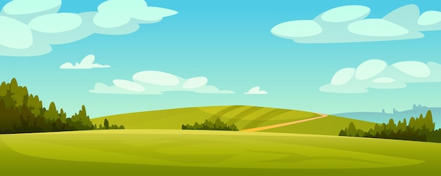 Vector rural landscape panorama green fields blue sky