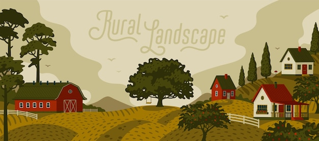 Сельский пейзаж. Панорамный пейзаж с деревней и деревьями.