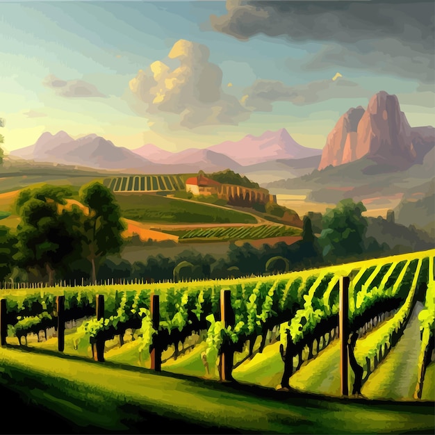 Vector rural landscape vineyards green vines on hills with trees and mountains in the background landscape