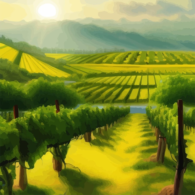 Vector rural landscape vineyards green vines on hills with trees and mountains in the background landscape