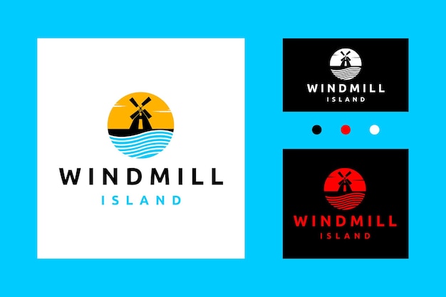 Rural Landscape Windmill River Sky Sun Engraved Style Logo Icon Vector Design Illustration