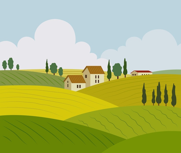 rural landscape with farm houses and fields vector illustration