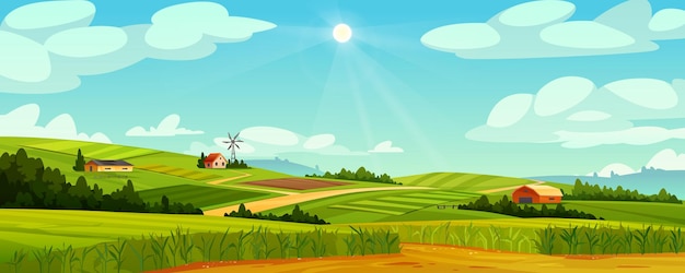Вектор Сельский пейзаж с фермерскими домами, ветряными мельницами, амбарами