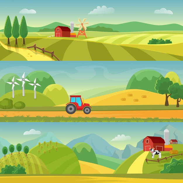 Paesaggio rurale con campi e colline e con una fattoria. agricoltura e agricoltura agroalimentare. modelli di paesaggi rurali. design per infografica e web.