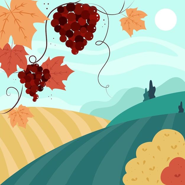 Vector rural landscape with fields vineyard planting grapes wine winemaking winery outdoor recreation