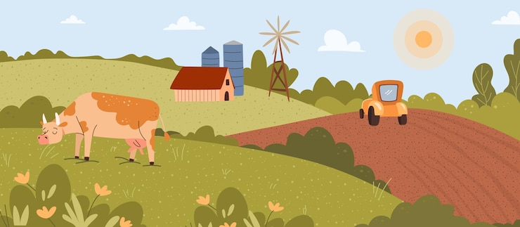 Vector rural landscape with hills grass and cow