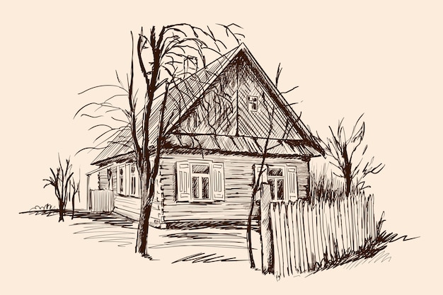 Vector rural landscape with an old wooden house and a broken fence. hand sketch on a beige background.