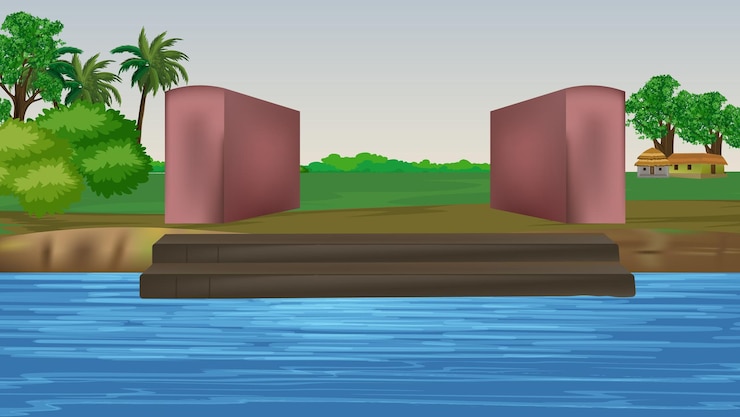 वेक्टर rural landscape with riverindian village river roadindian village background for cartoon