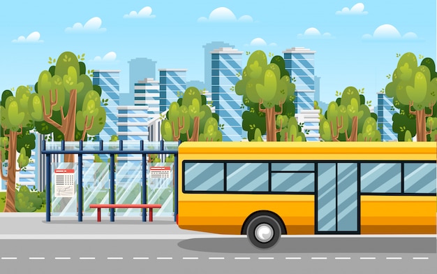 도로, 버스 정류장 및 버스와 농촌 풍경. 푸른 나무와 현대 도시 배경. 노란색 시내 버스, 투명한 버스 정류장. 평면 그림.