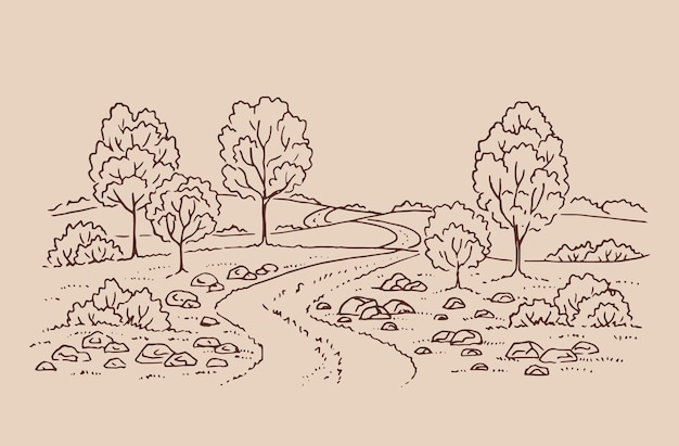 Vector rural landscape with road and tree hand drawn illustration converted to vector