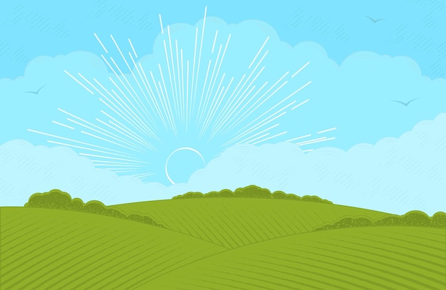 Vector rural landscape with sun and hills agricultural fields and gardens