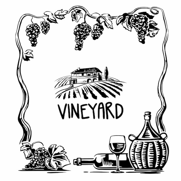 Сельский пейзаж с виллой и виноградниками. Гроздь винограда, бутылка, стакан и кувшин вина. Черно-белая винтажная векторная квадратная иллюстрация для веб-значка плаката этикетки.