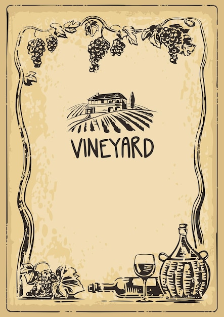 Сельский пейзаж с виллой, виноградниками, полями, гроздь винограда, бутылка, стеклянный кувшин с вином, винтажная гравюра