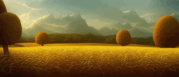 Вектор Сельский пейзаж с пшеничными полями и желтыми деревьями и небом на фоновом векторном изображении
