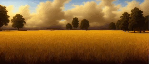 Vector rural landscape with wheat fields and yellow trees and sky on background vector illustration