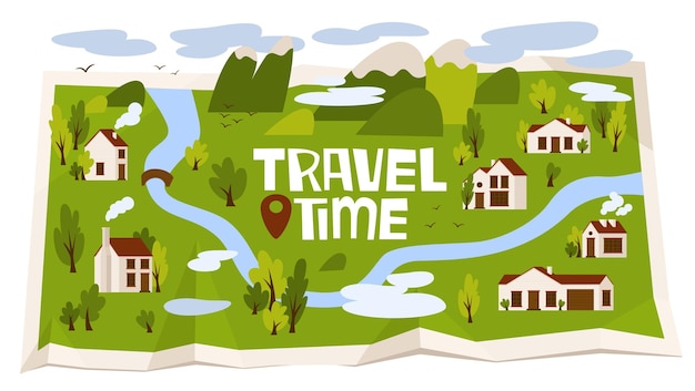 rural map with mountains forest village houses inscription travel time adventures and explorations in country life wild nature vector illustration in cartoon style