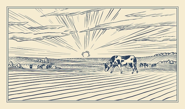 Vector rural meadow. a village landscape with cows, hills and a farm. sunny scenic country view. hand drawn