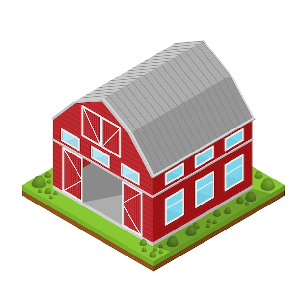 Rural red farm house isometric view.