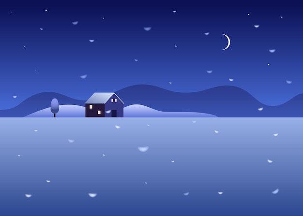 Vector rural snowy landscape with country house, tree and mountains. night starry sky with snowfall in the countryside.