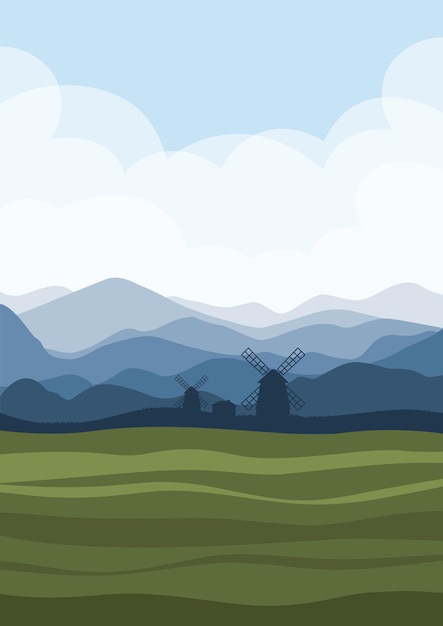 Vector rural summer landscape with windmills in holland illustration vector illustration of beautiful summer fields