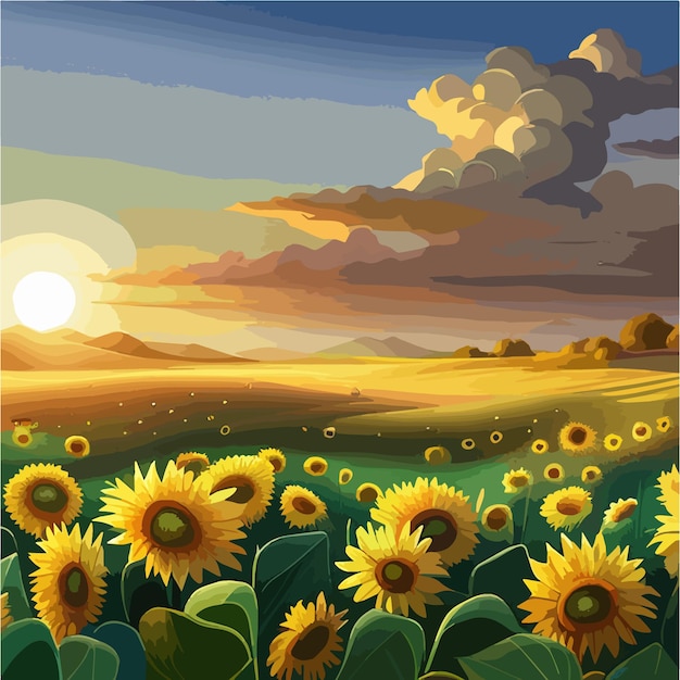 Vettore paesaggio rurale al tramonto con campo di girasole dorato contro l'illustrazione vettoriale del cielo