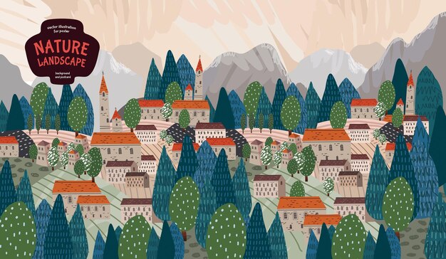 Paesaggio urbano rurale illustrazione vettoriale di case natura alberi edifici città montagne