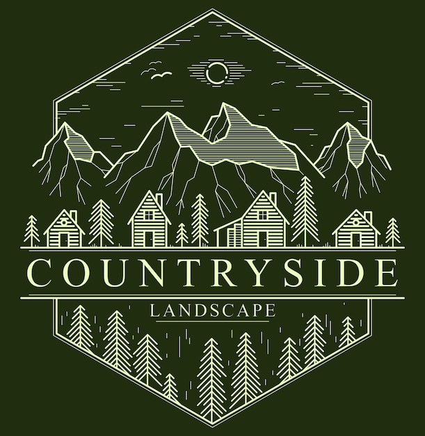 Rural village in mountain range and pine woods linear vector emblem on dark wooden houses in trees forest line art drawing countryside log cabins cottages travel in wilderness for rest logo