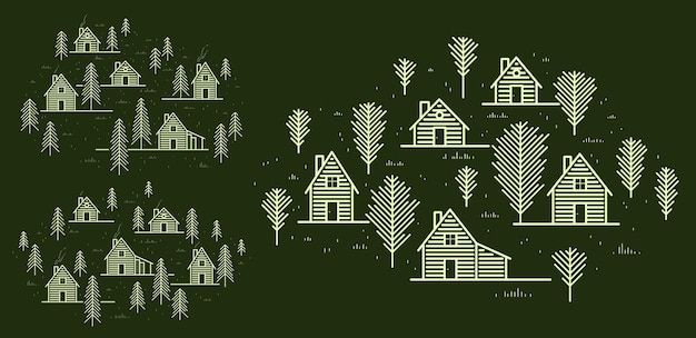 Vector rural village in woods linear vector illustration on dark, wooden houses in trees forest line art drawing, countryside log cabins cottages, travel in wilderness for rest.