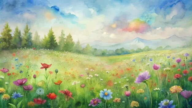 Rural wildflower field watercolor background