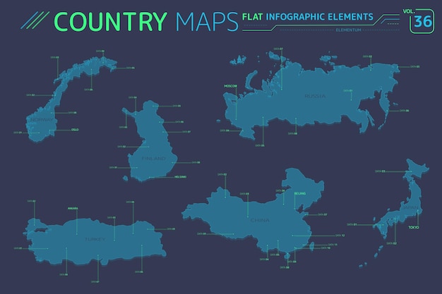 Rusland finland turkije noorwegen china en japan vectorkaarten