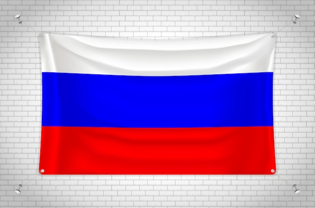 Rusland vlag opknoping op bakstenen muur. 3D-tekening. Vlag aan de muur bevestigd. Netjes tekenen in groepen