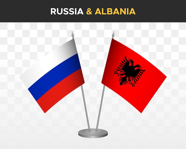 Rusland vs Albanië Bureau vlaggen mockup geïsoleerd op wit 3D-vector illustratie Russische tafel vlaggen