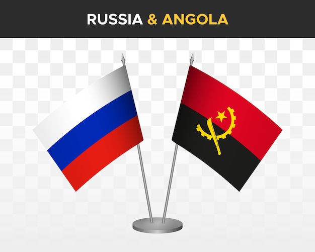 Rusland vs Angola Bureau vlaggen mockup geïsoleerd op witte 3D-vector illustratie Russische tafel vlaggen