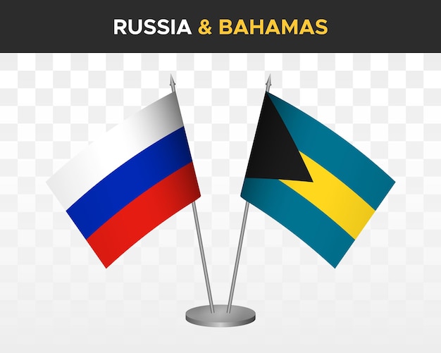 Rusland vs bahama's bureau vlaggen mockup geïsoleerd op wit 3d-vector illustratie russische tafel vlaggen