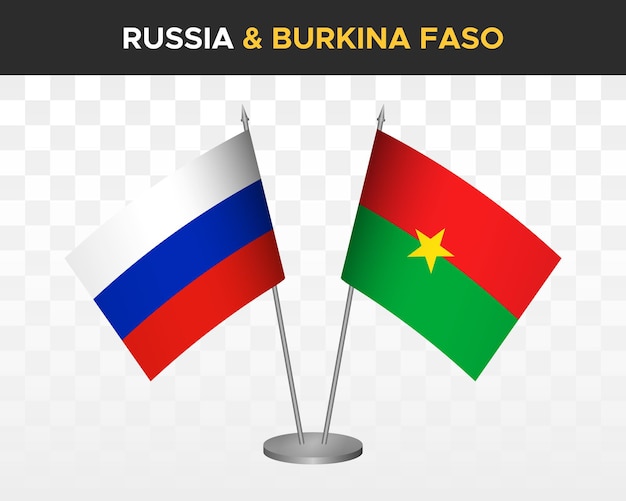 Rusland vs Burkina Faso Bureau vlaggen mockup geïsoleerd op witte 3D-vector illustratie Russische tabel flag