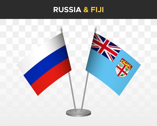 Rusland vs Fiji Bureau vlaggen mockup geïsoleerd op witte 3D-vector illustratie Russische tafel vlaggen