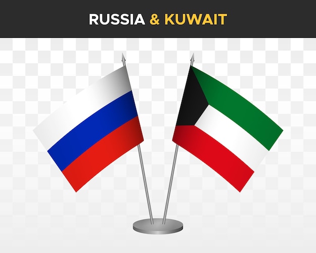 Rusland vs Koeweit Bureau vlaggen mockup geïsoleerd op witte 3D-vector illustratie Russische tafel vlaggen