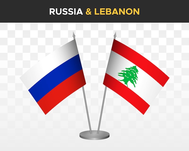 Rusland vs Libanon Bureau vlaggen mockup geïsoleerd op wit 3D-vector illustratie Russische tafel vlaggen