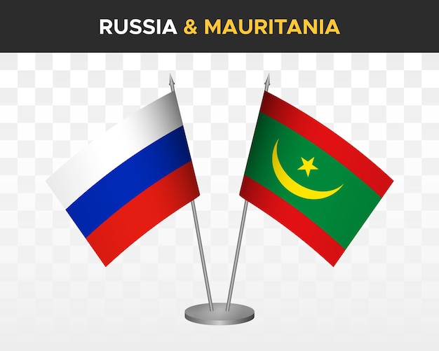 Rusland vs Mauritanië Bureau vlaggen mockup geïsoleerd op witte 3D-vector illustratie Russische tafel vlaggen