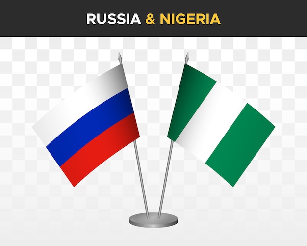 Rusland vs Nigeria Bureau vlaggen mockup geïsoleerd op wit 3D-vector illustratie Russische tafel vlaggen