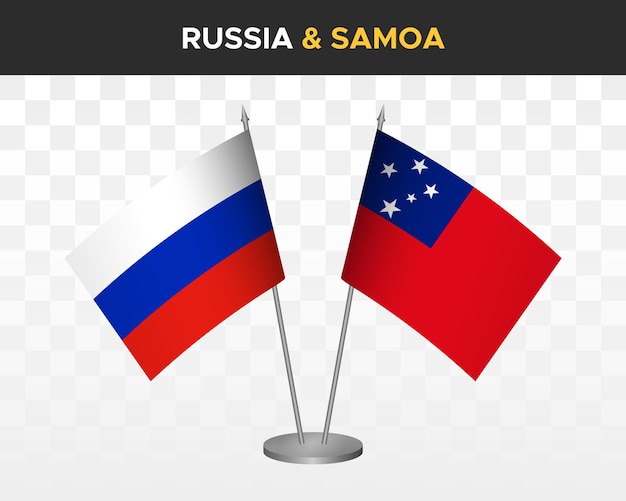 Rusland vs Samoa Bureau vlaggen mockup geïsoleerd op witte 3D-vector illustratie Russische tafel vlaggen