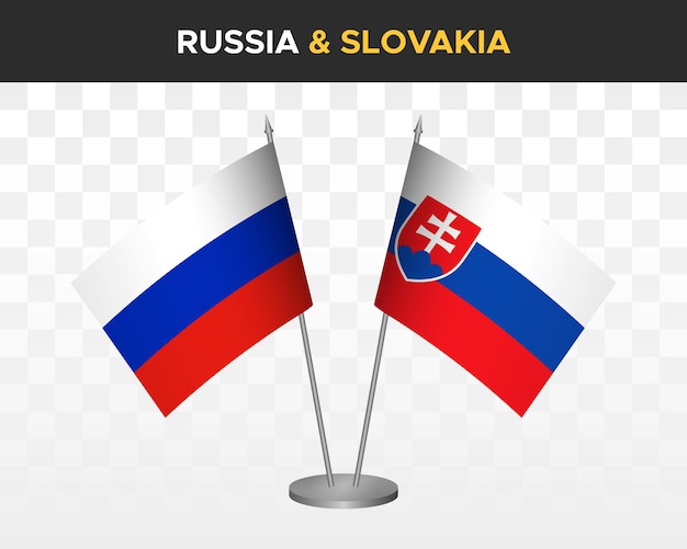Rusland vs Slowakije Bureau vlaggen mockup geïsoleerd op witte 3D-vector illustratie Russische tafel vlaggen