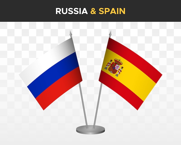 Rusland vs Spanje Bureau vlaggen mockup geïsoleerd op wit 3D-vector illustratie Russische tafel vlaggen