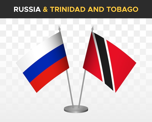 Rusland vs Trinidad Tobago Bureau vlaggen mockup geïsoleerd op witte 3d vector illustratie tafel vlaggen