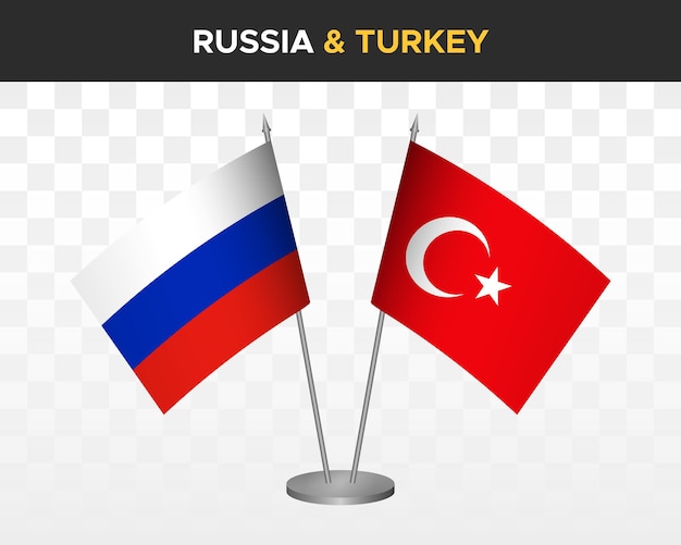 Rusland vs Turkije Bureau vlaggen mockup geïsoleerd op witte 3D-vector illustratie Russische tafel vlaggen