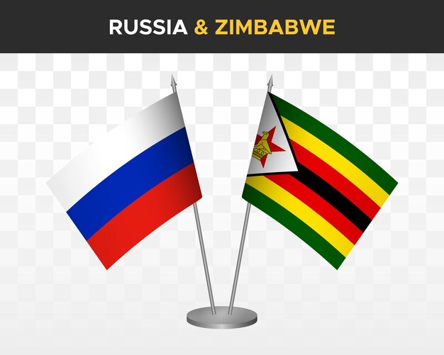 Rusland vs Zimbabwe Bureau vlaggen mockup geïsoleerd op wit 3D-vector illustratie Russische tafel vlaggen