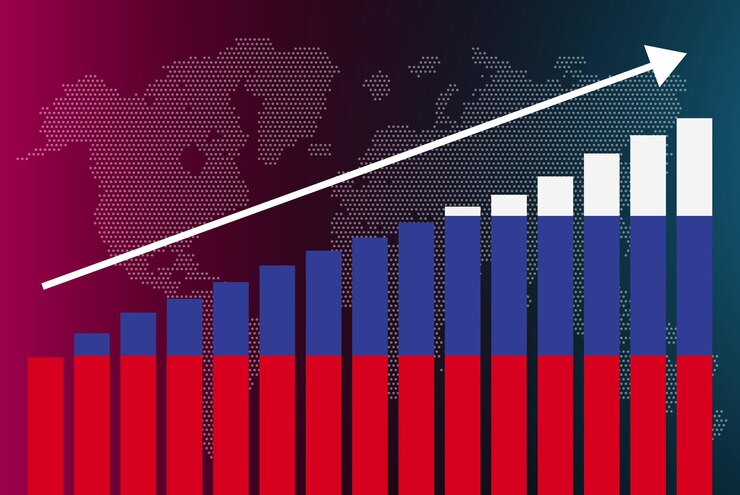 Вектор гистограмма россии, возрастающие значения, концепция статистики страны, флаг россии на гистограмме