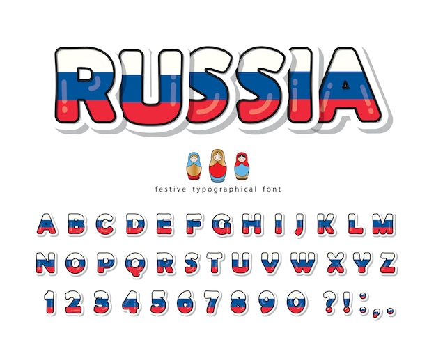 Russia cartoon font. russian national flag colors.